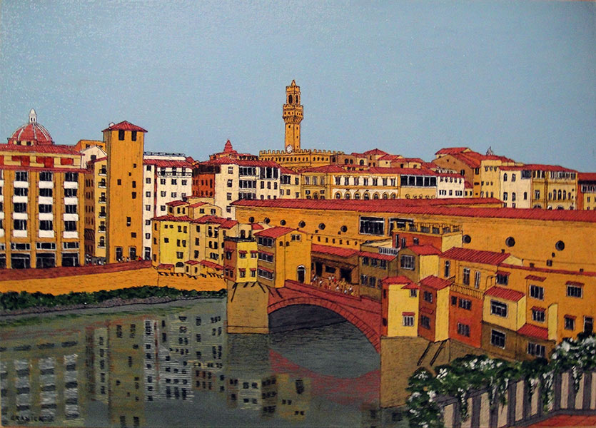 Tableau naïf. Granick. Balcon sur le Ponte Vecchio