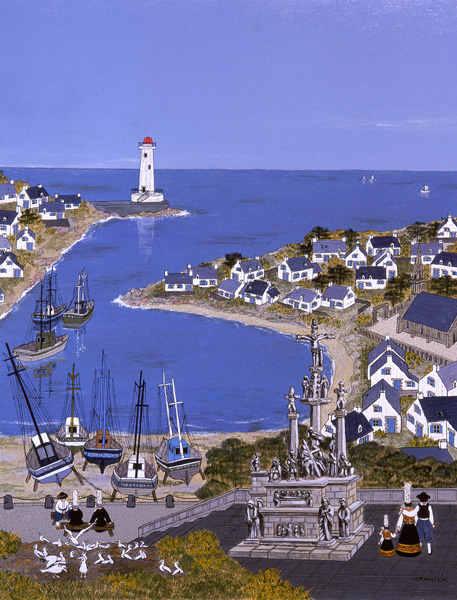 Tableau naïf. Granick. Bretagne. Mouettes, calvaire, bigoudens et bateaux devant la mer