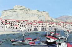 miniature de Cefalu en Sicile- bateaux seulsdans la baie avec le port au fond