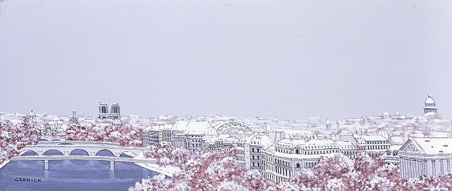 Vue du centre de Paris sous la neige, avec Notre Dame, le Panthéon