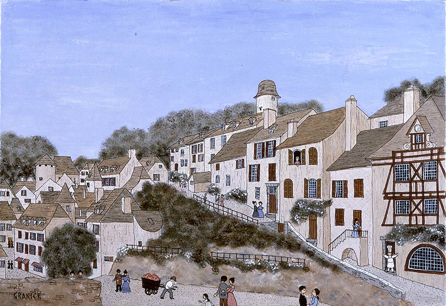 Vue générale de la ville de Conques. Peniture naive