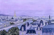 miniature de Crépuscule sur Paris -  tableau naif de Granick