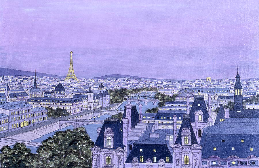 Crépuscule sur Paris -  tableau naif de Granick