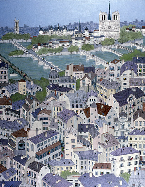 Dans le ciel de Paris - Peinture naïve d'une vue aèrienne de la ville 
