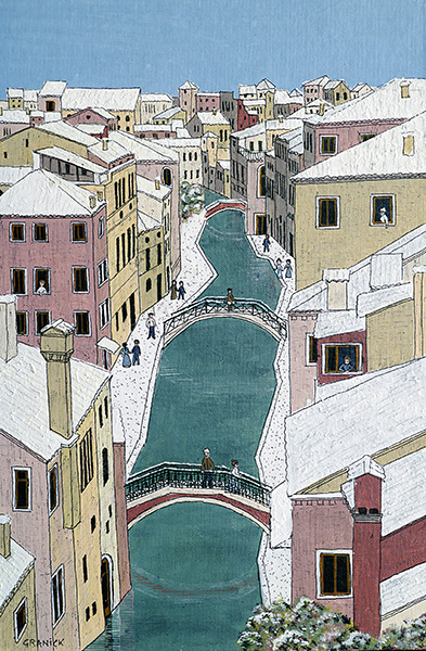 Tableau naïf. Granick. Il neige à Venise