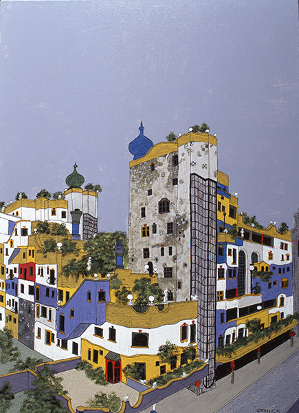 Tableau naïf. Granick. Immeuble Hundertwasser à Vienne