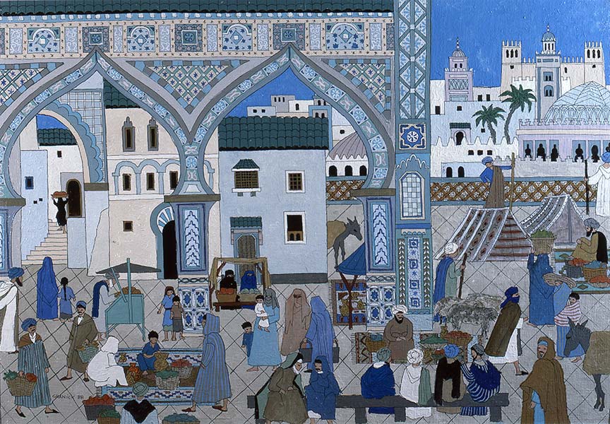 Tableau naïf. Granick. Le Marché Marocain