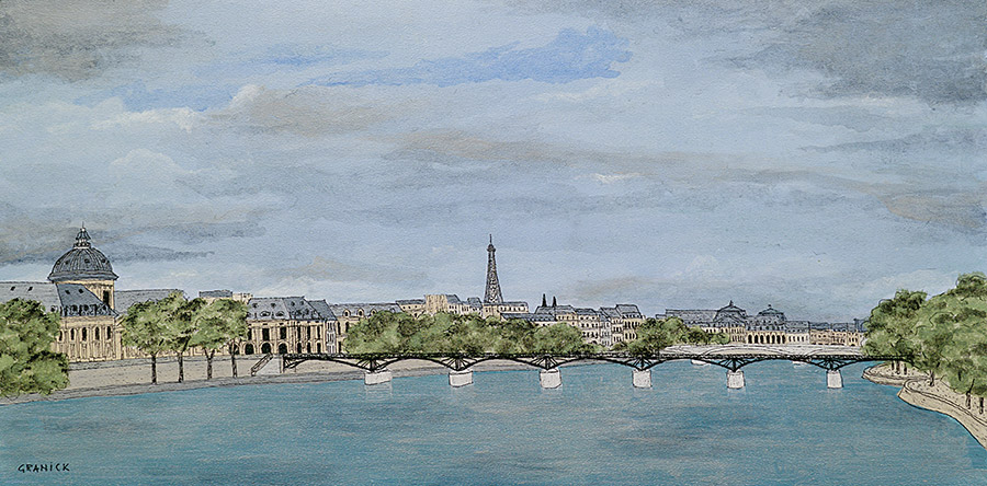 Tableau naïf. Granick. Le pont des Arts à l'institut