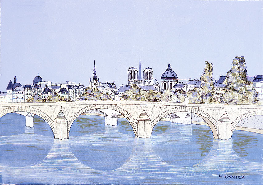 Tableau naïf. Granick. Le Pont Neuf et la Cité