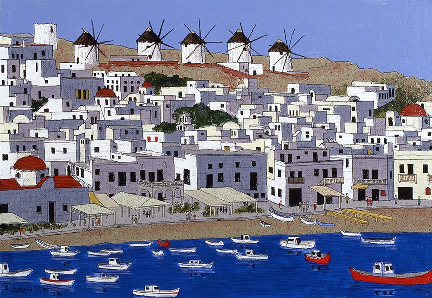 Tableau naïf. Granick.. Le Port de Mikonos