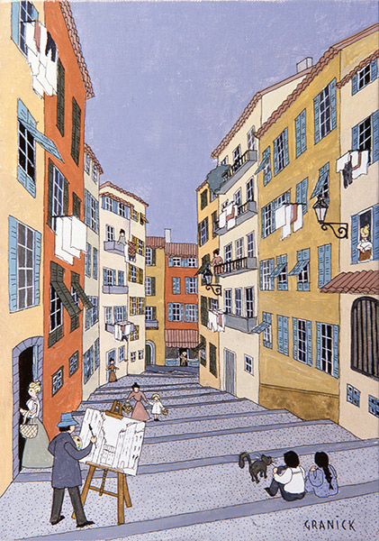 Tableau naïf. Granick. Peintre dans le vieux Nice