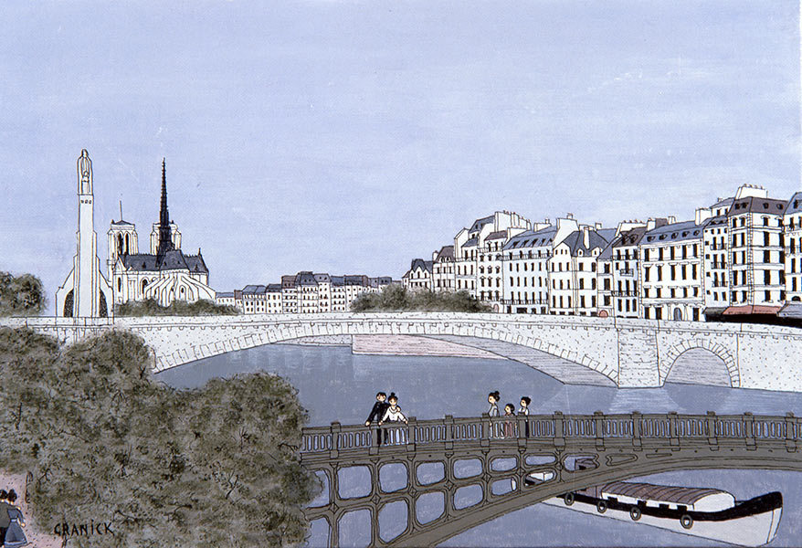 Tableau naïf - Granick- Péniche au chevet de Notre Dame