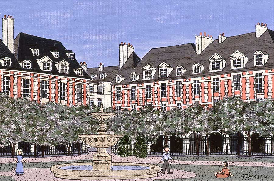 Tableau naïf - Granick- Place des Vosges en Eté