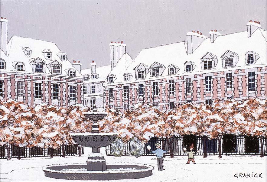 Tableau naïf - Granick - Place des Vosges en Hiver