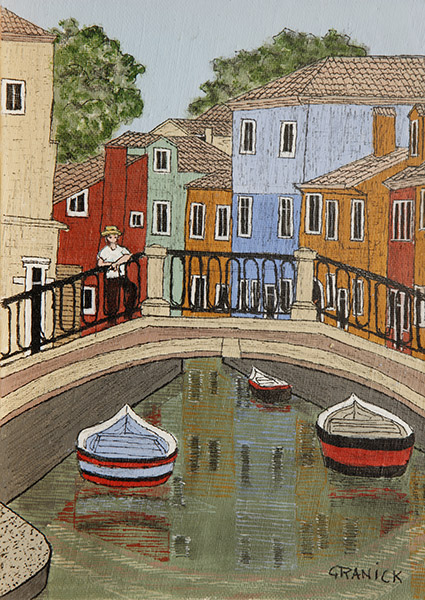 Tableau naïf. Granick. Pont dans l'île de Burano