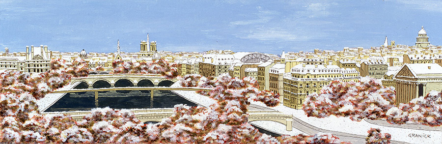 Tableau naïf - Granick - Ponts de Paris sous la neige 2