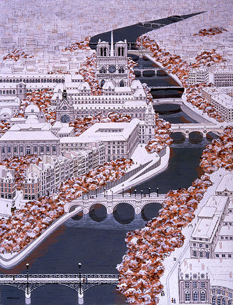 Tableau naïf - Granick - Ponts de Paris sous la neige