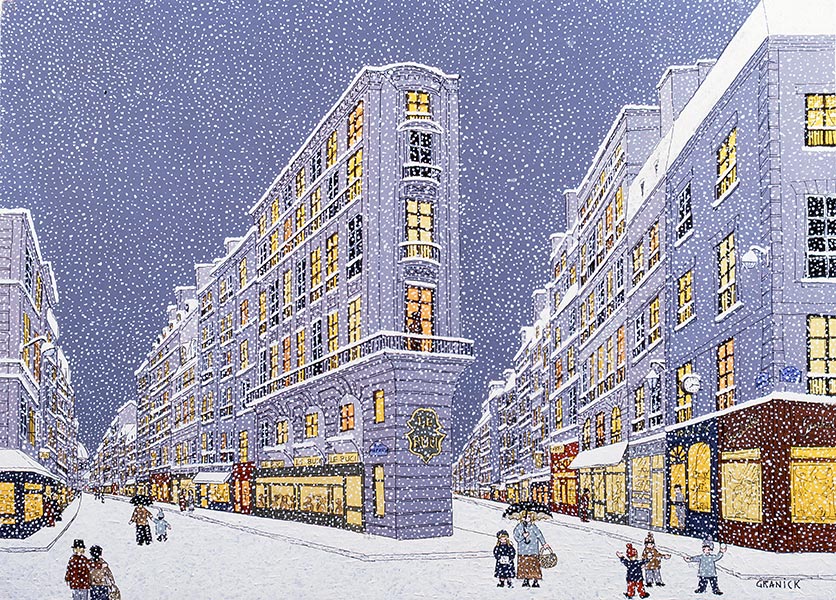 Tableau naïf - Granick - Soir de Neige Rue Mazarine