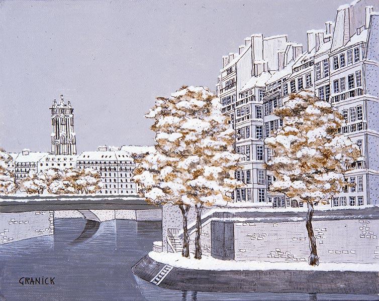 Tableau naïf - Granick - Tour Saint Jacques Sous la Neige